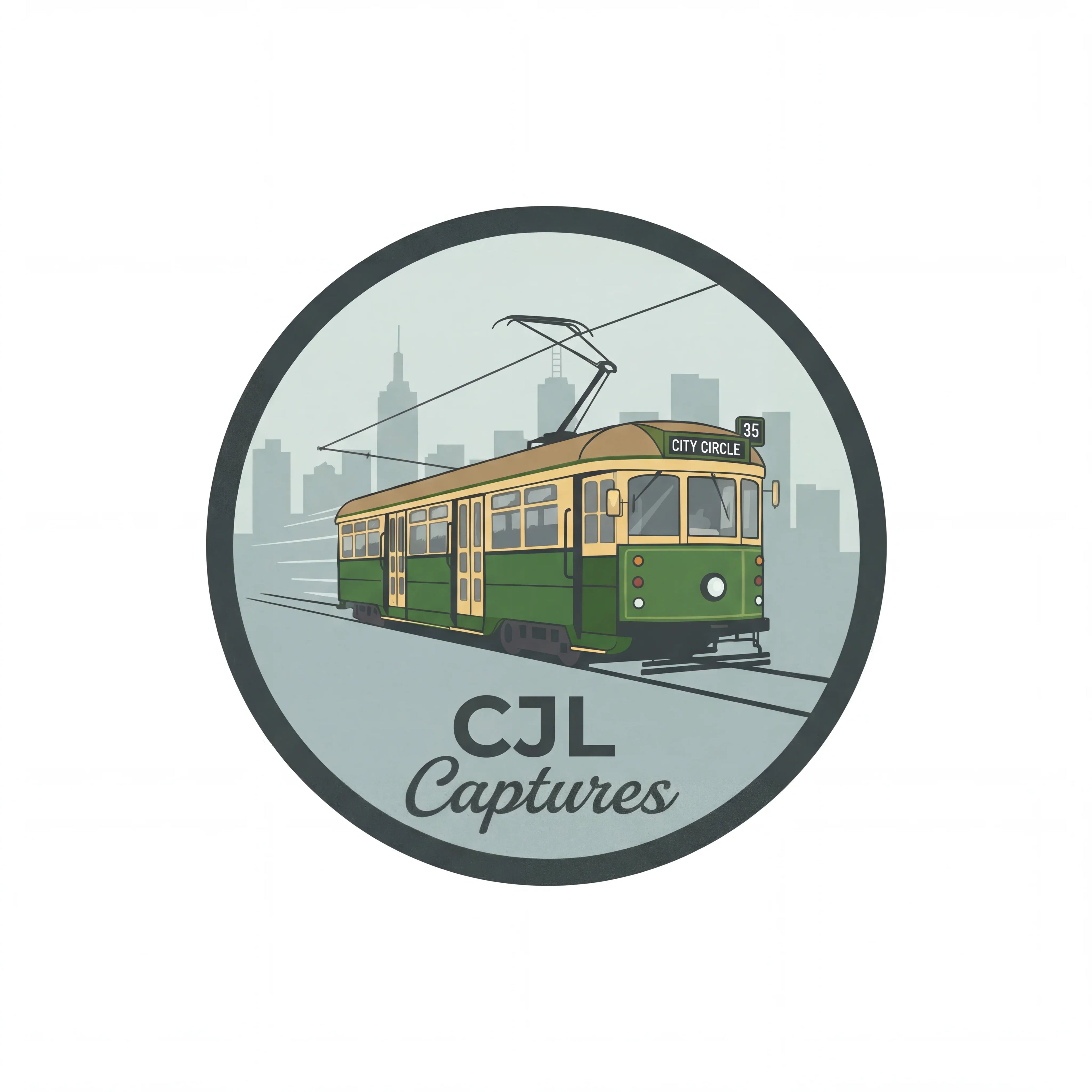 Vintage green and yellow Melbourne City Circle tram illustration with city skyline background